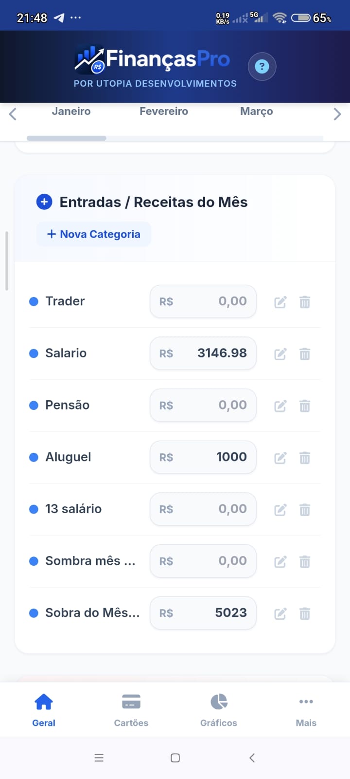 Controle de receitas do mês