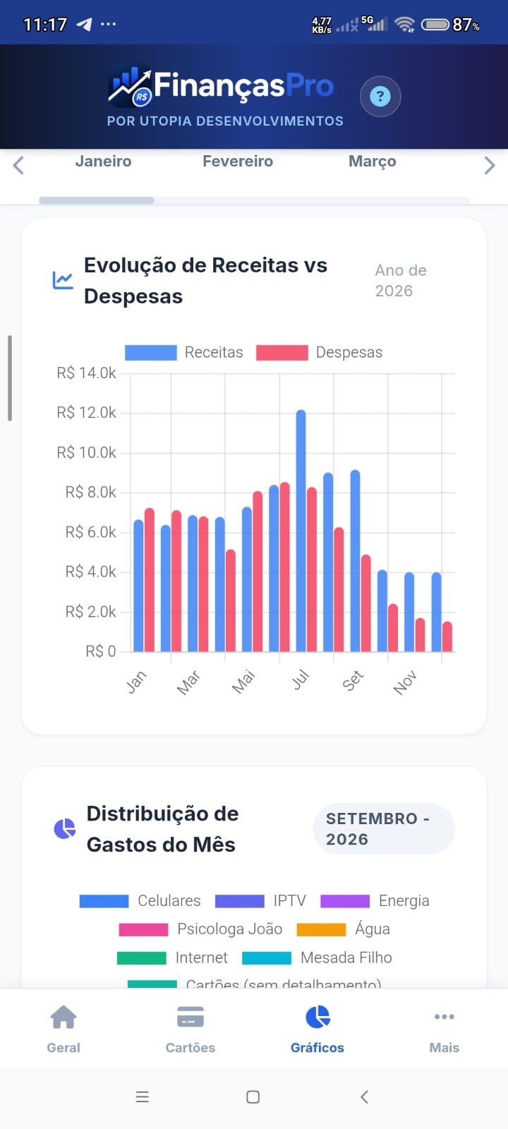 Gráficos de receitas e despesas